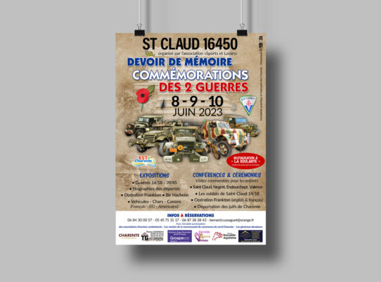 Affiche A3 suspendue pour la manifestation "Devoir de mémoire Commémoration des 2 guerres" à St Claud en juin 2023