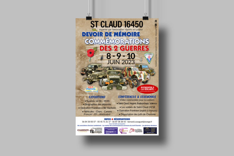 Affiche A3 suspendue pour la manifestation "Devoir de mémoire Commémoration des 2 guerres" à St Claud en juin 2023