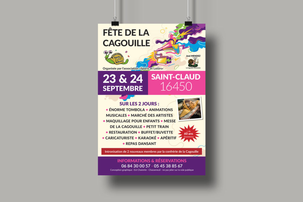 Affiche A3 suspendue pour la manifestation "Fête de la Cagouille" à St Claud en septembre 2023