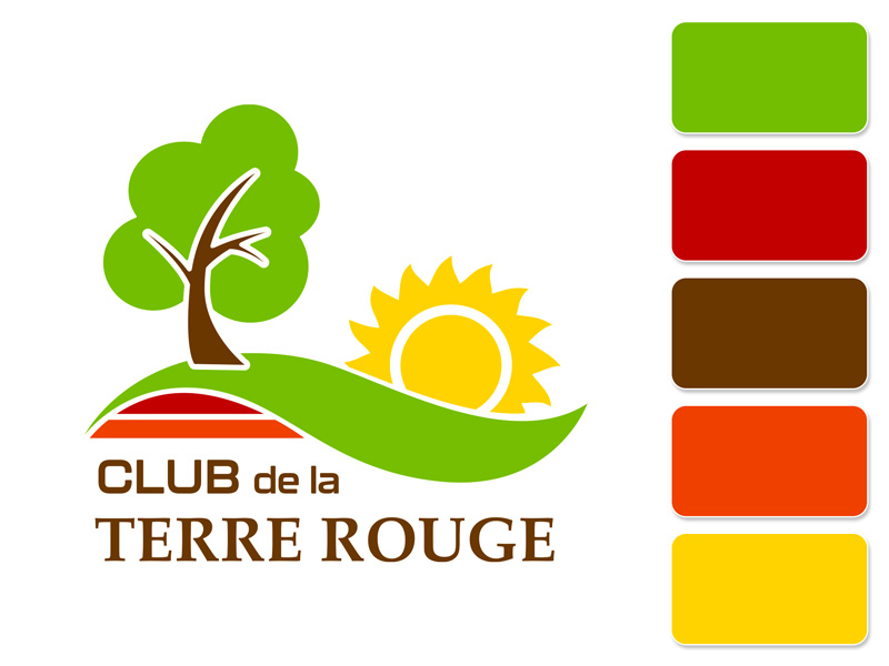 Planche de présentation de la charte graphique du Club de la Terre Rouge, on y voit le logo en couleur et les 5 couleurs qui constituent le logo : vert, rouge, marron, orange et jaune