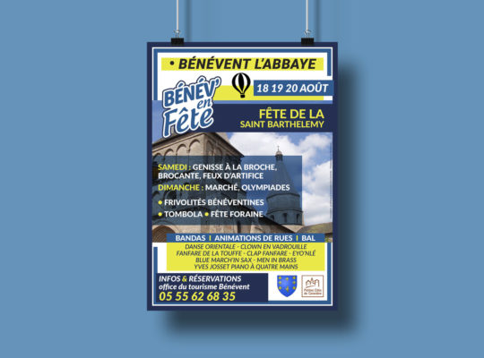 Affiche suspendue avec le déroulé des événements pour la manifestation "Bénév'en Fête" à Bénévent l'Abbaye le 20 août 2023